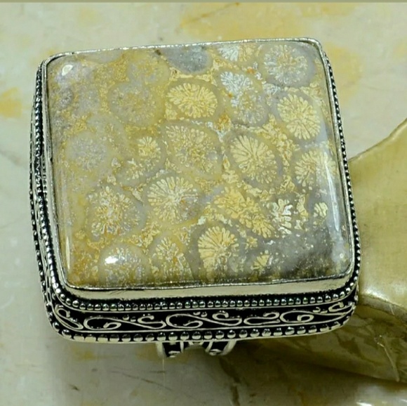 New Oversized Fossil Coral 925 Silver Statement Ring. - Picture 7 of 8